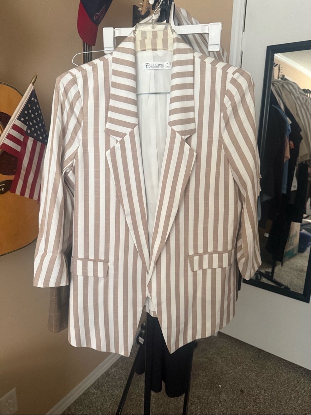 Striped Neutral Blazer Jacket - Tailored Tan & White